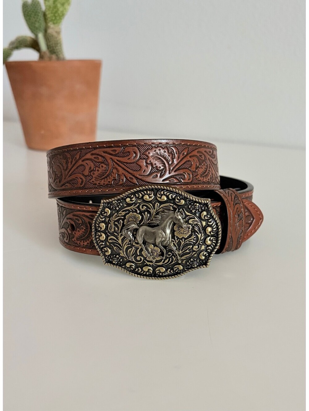 Brown Leather Belt Embossed Western Horse Buckle Cowgirl Country XXS